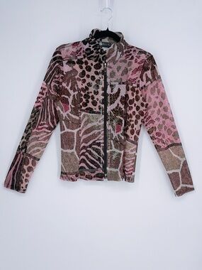 Damee Inc Pink Animal Print Mesh Zip Up Jacket Rhinestone Leopard Zebra Small